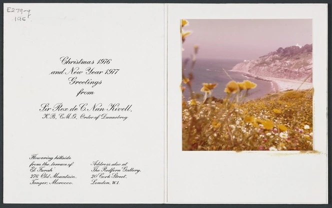 Nan Kivell, Rex de Charembac (Sir), 1898-1977 :[Christmas card]. Flowering hillside from the terrace of `El Farah', 276 Old Mountain, Tanger, Morocco. 1977