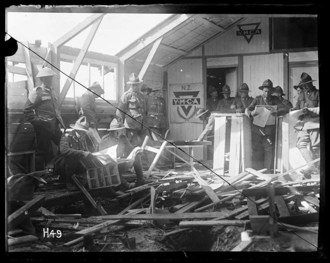 Interior damage to New Zealand YMCA hut hit by shellfire