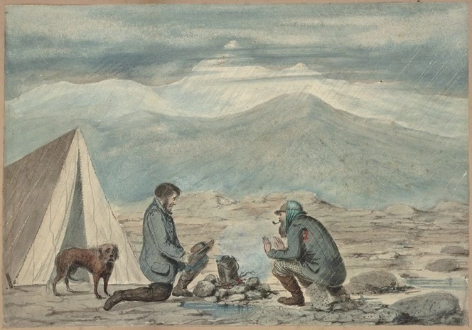 Abbot, Edward Immyns, d 1849 :[A high country surveyors' camp in bleak conditions, Otago. ca 1847].