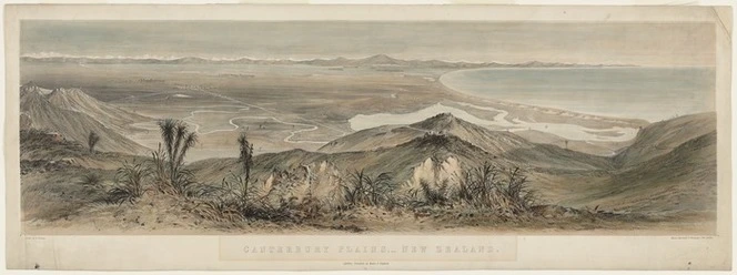 Norman, Edmund 1820-1875 :Canterbury Plains,- New Zealand. / Drawn by E. Norman. Maclure, Macdonald & Macgregor, Lith, London. Lyttelton, Published by Martin G. Heywood, [ca 1855].