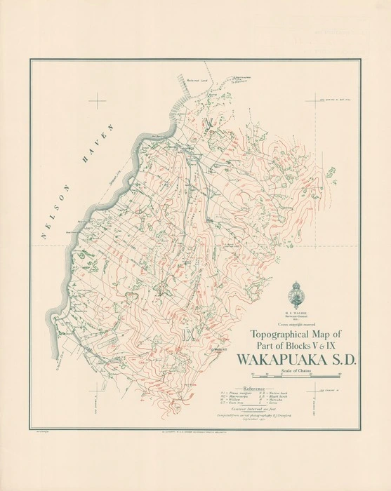 Topographical map of part of blocks V & IX, Wakapuaka S.D. / compiled (from aerial photographs) by R.J. Crawford, September 1931.