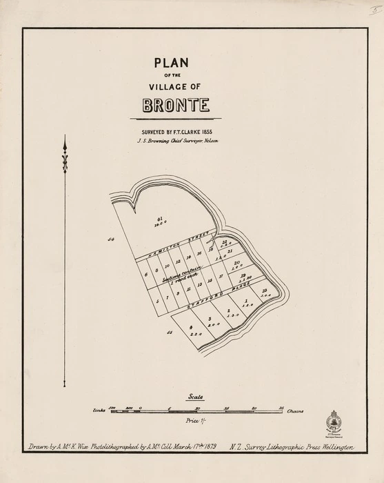 Plan of the village of Bronte / surveyed by F.T. Clarke 1855 ; drawn by A. McK. Wix.