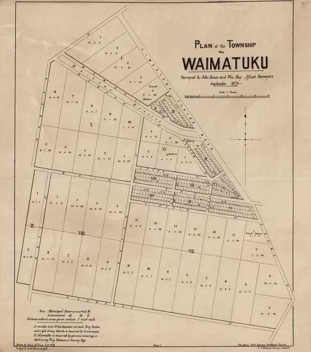 Plan of the township of Waimatuku / surveyed by John Innes and Wm. Hay, assist. surveyors, September 1878 ; drawn by James M. Fraser.