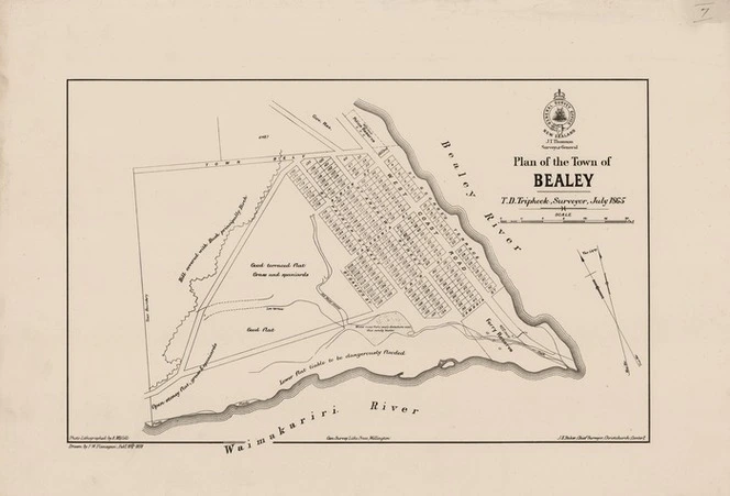 Plan of the town of Bealey / T.D. Triphook, surveyor, July 1865 ; drawn by F.W. Flanagan.