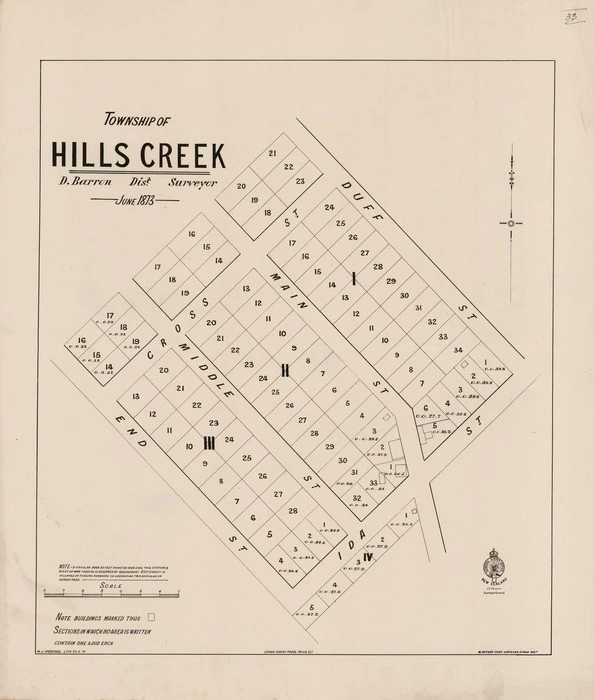 Township of Hills Creek [electronic resource] D. Barron, dist. surveyor, June 1873 ; W.J. Percival, Lith. 23.4.78.