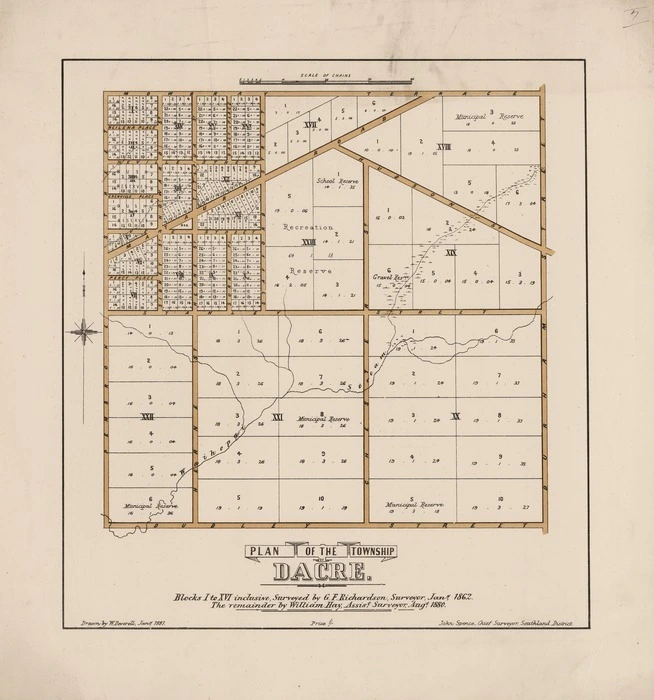 Plan of the township of Dacre [electronic resource] : Blocks I to IV inclusive / surveyed by G.F. Richardson, surveyor, Jany. 1862 ; the remainder by William Hay, assist. surveyor, Augt. 1880 ; drawn by W. Deverell Jan. 1881.