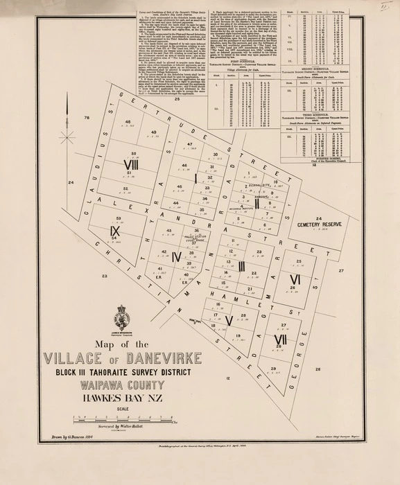 Map of the village of Danevirke : block III Tahoraite Survey District, Waipawa County, Hawkes Bay N.Z / surveyed by Walter Hallett ; drawn by G. Duncan.