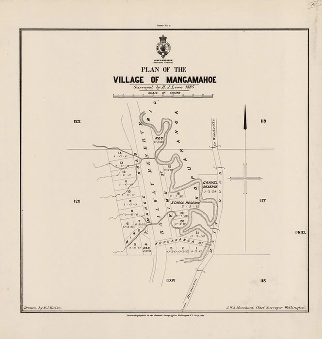 Plan of the village of Mangamahoe / surveyed by H.J. Lowe 1885 ; drawn by F.J. Halse.