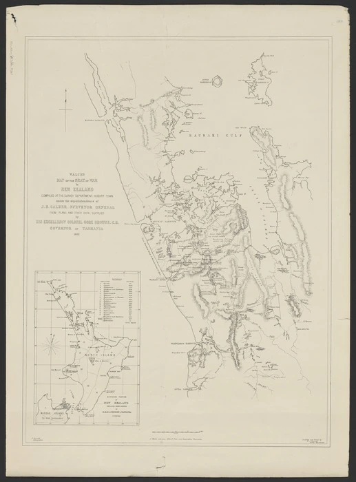 Walch's Map of the seat of war in New Zealand / compiled at the Survey Department, Hobart Town under the superintendence of J.E. Calder, Survey General, from plans and other data supplied by the His Excellency Colonel Gore Browne C.B. Governor of Tasmania, 1863 ; compiled and drawn by W.C. Pinguenit, Survey Department.