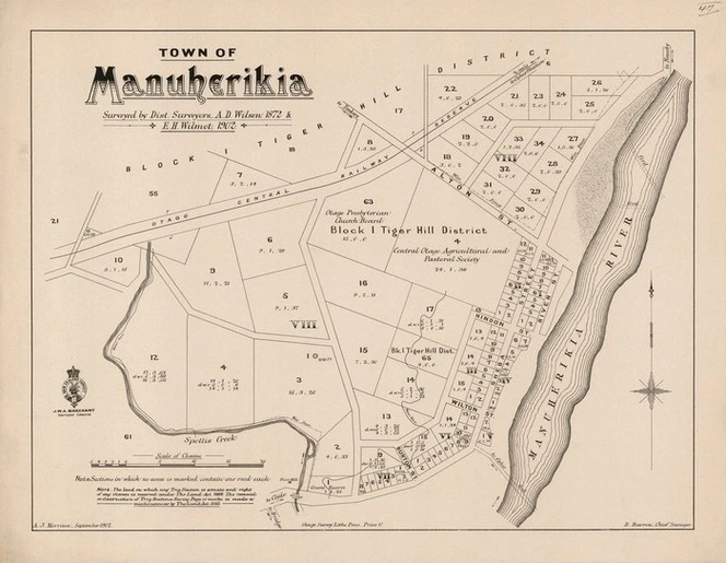 Town of Manuherikia [electronic resource] / surveyed by dist. surveyors, A.D. Wilson, 1872, E.H. Wilmot 1902.