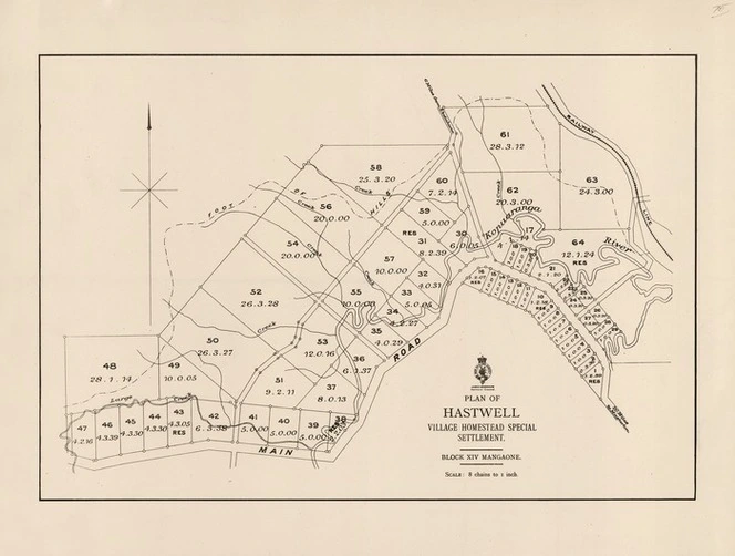 Plan of Hastwell, village homestead special settlement : block XIV Mangaone.