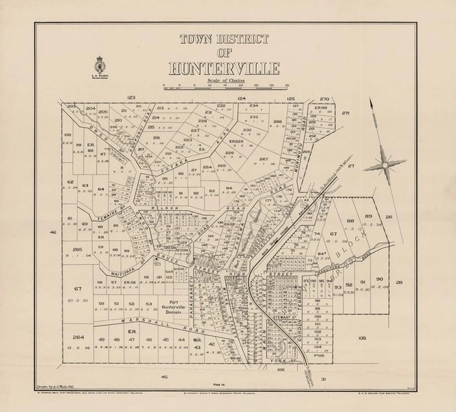 Town district of Hunterville [electronic resource] / drawn by A.G. Watt 1916.