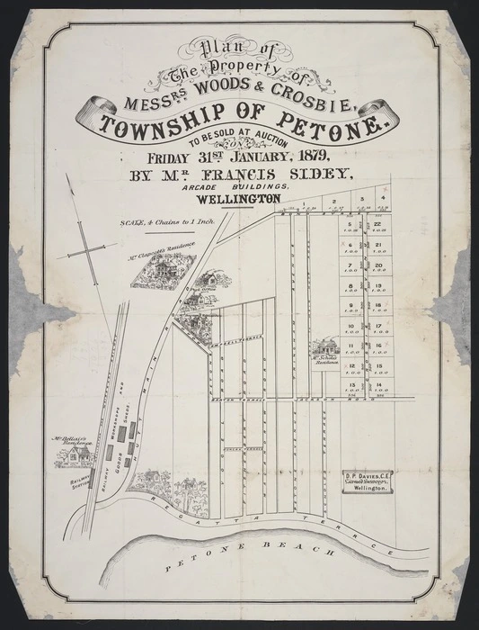 Township of Petone : plan of the property of Messrs. Woods & Crosbie, to be sold at auction Friday 31st. January 1879, by Mr. Francis Sidey, Arcade Buildings, Wellington / D.P. Davies, C.E., Licensed Surveyor, Wellington.