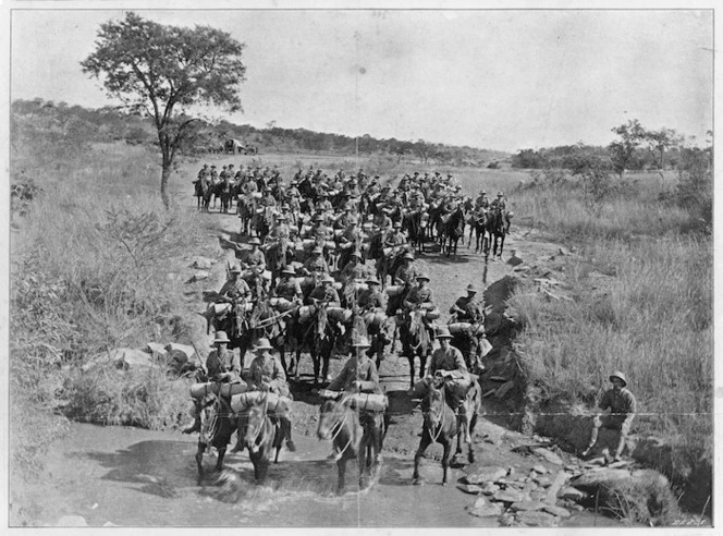 Mounted New Zealand troops on the road from Bulawayo to Tuli during the South African War
