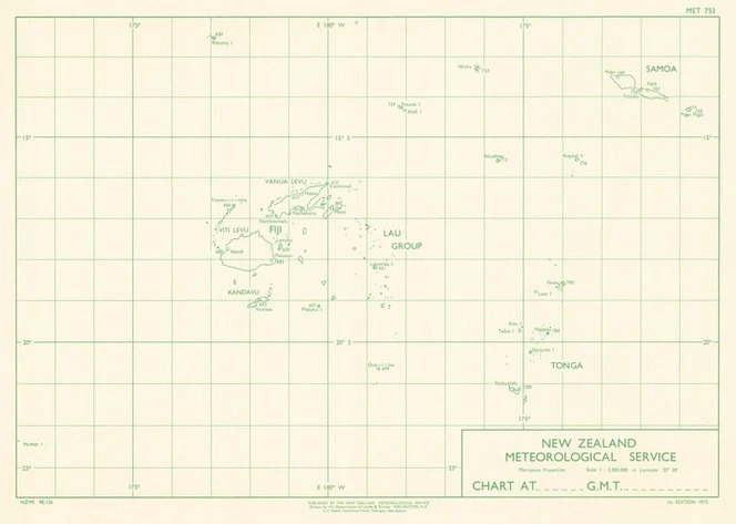 Map of meteorological stations in Fiji, Samoa and Tonga : chart at ... G.M.T. ... / drawn by the Department of Lands & Survey.