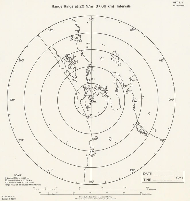 Range rings at 20 N/m (57.06 km) intervals : [Auckland] / drawn by the Department of Lands & Survey.