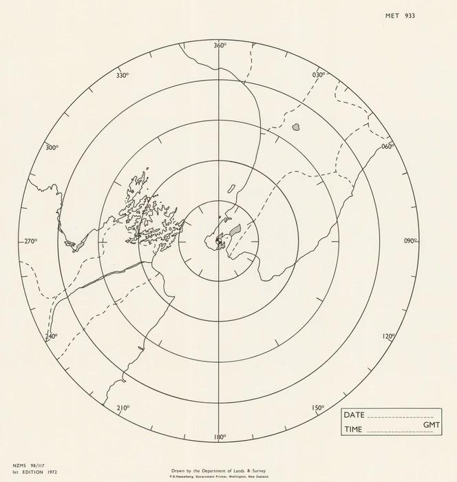 Range rings at 20 N/m (57.06 km) intervals, Wellington, N.Z. / drawn by the Department of Lands & Survey.