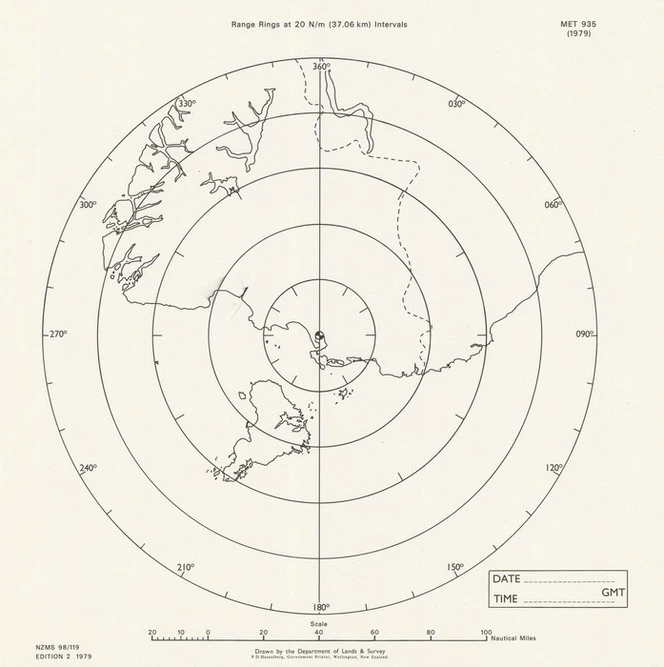 Range rings at 20 N/m (57.06 km) intervals : [Invercargill] / drawn by the Department of Lands & Survey.