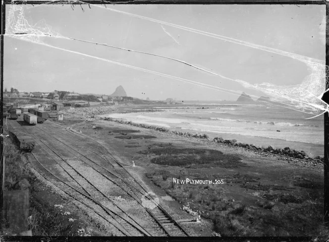 New Plymouth, view of the waterfront, with the railway station and yards