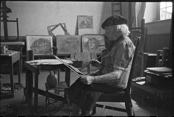 Frances Mary Hodgkins painting in her studio at Corfe Castle