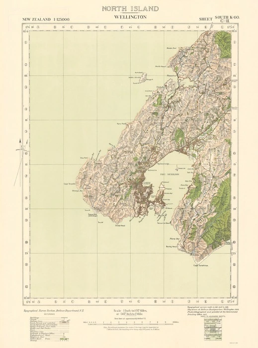 Wellington / Topographical Survey Section, Defence Department, N.Z. ; topographical survey made in 1912 and in 1916. Map drawn at Defence Headquarters, Wellington, 1916.