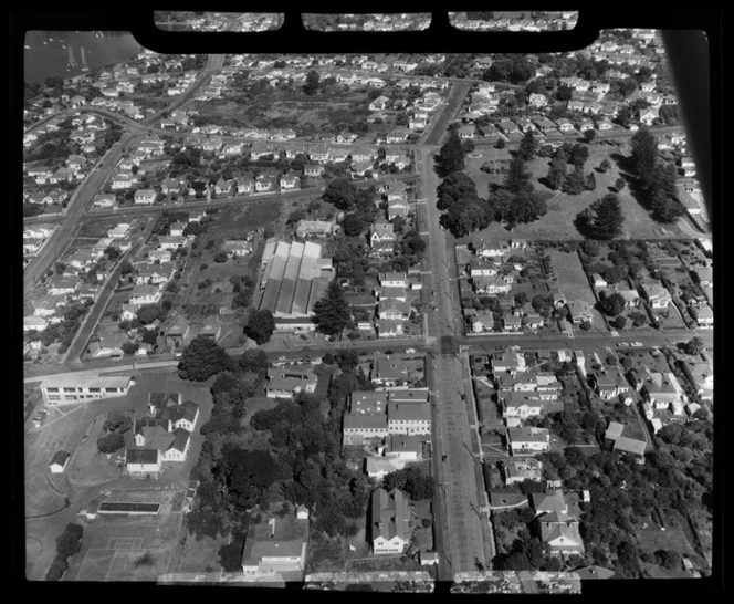 Unidentified school and R J Gillman Limited [factory?], Onehunga, Auckland