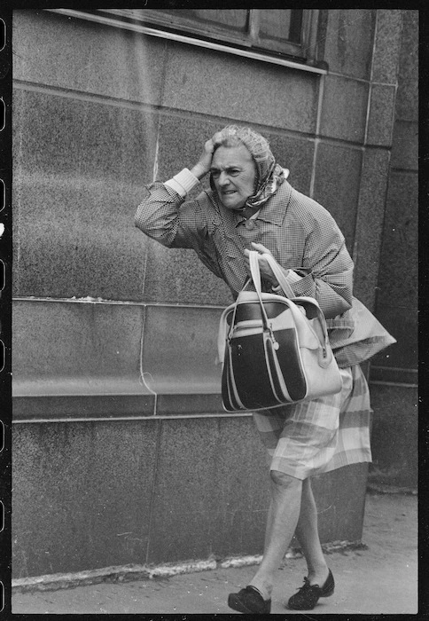 Woman battling wind, Wellington