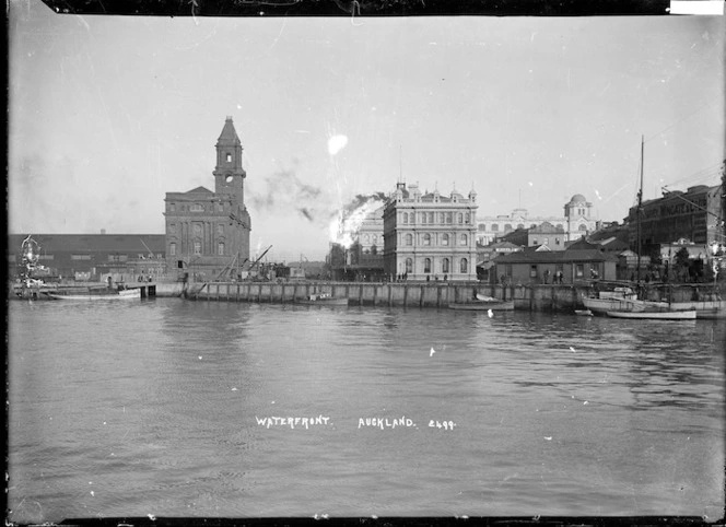 View of Auckland Ferry Building and waterfront from Freemans Bay