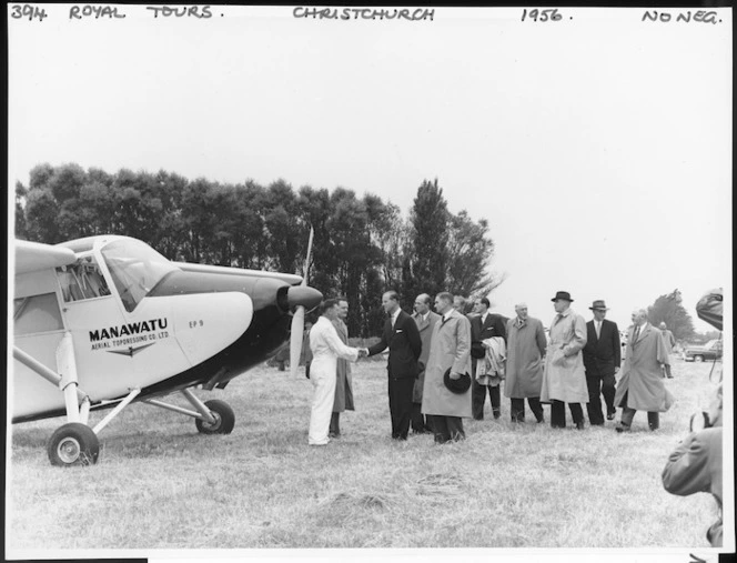 Creator unknown :Photograph of the Duke of York meeting staff of the Manawatu Aerial Topdressing Company Ltd, Christchurch