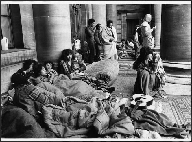 Maori camped in the porch of Parliament House, Wellington