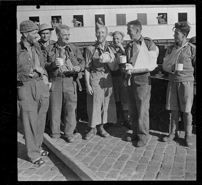 Wounded New Zealand troops on Alexandria wharf after disembarkation, evacuation of Crete, World War II