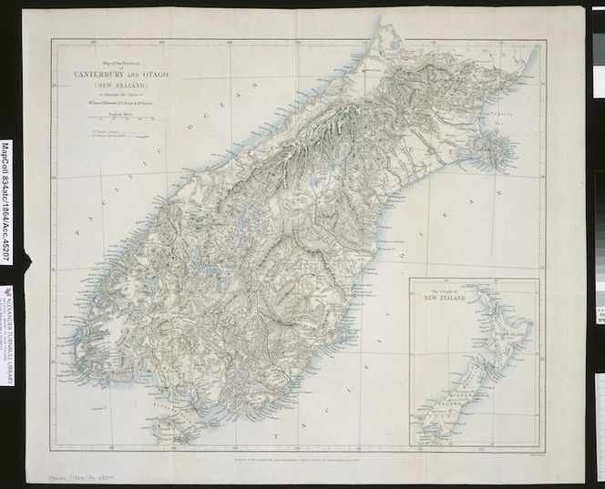 Map of the provinces of Canterbury and Otago (New Zealand) to illustrate the papers of Mr. James M'Kerrow, Dr. J. Haast & Dr. Hector