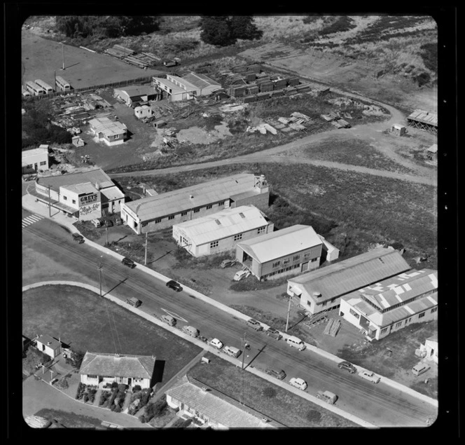 John Hulse Limited and adjacent businesses, George [Money?] Limited, M T [F-?] Limited, Franklin Cabinets Limited, Ross & [Grenson?] Limited, Stoddard Road, Mount Roskill, Auckland