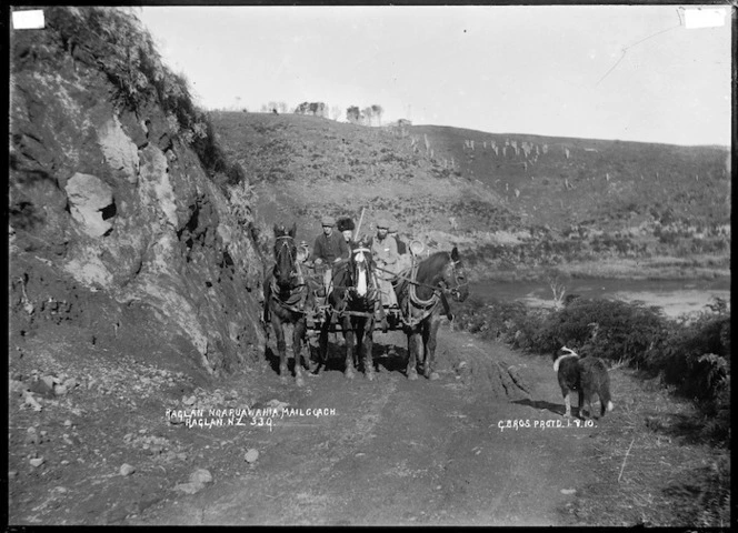Mail coach on the road between Ngaruawahia and Raglan, near Raglan, 1910 - Photograph taken by Gilmour Brothers