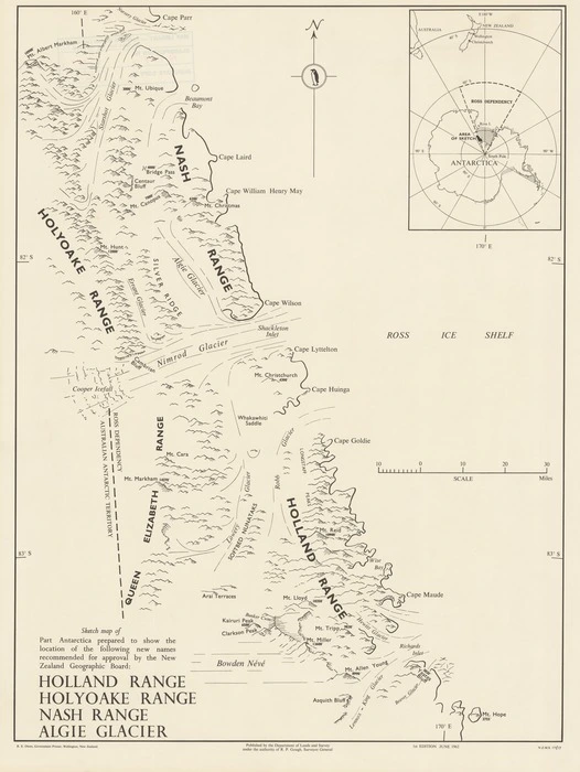 Holland Range, Holyoake Range, Nash Range, Algie Glacier.