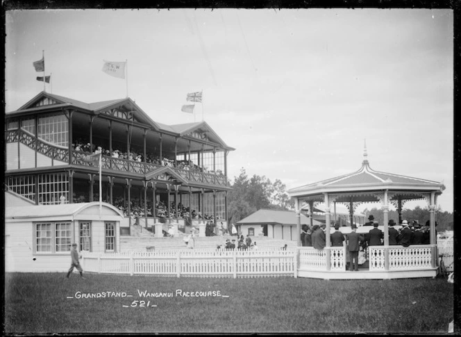 View of the grandstand and band rotunda at the Wanganui Racecourse
