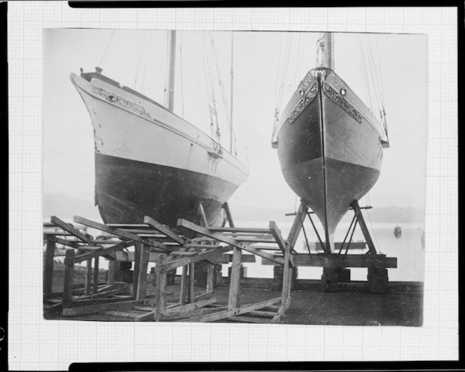 Yachts Ngaira and Rona on patent slip at Evans Bay, Wellington