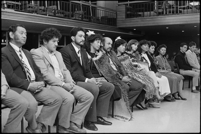 Maori Victoria University graduands seated in a row during a hui on campus - Photograph taken by Merv Griffiths