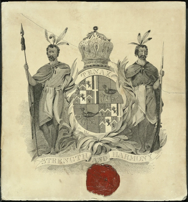 Artist unknown :Tenax. Strength and harmony. Armes du Baron de Thierry, Charles Ier, roi de la Nouvelle Zelande. Warner sc[ulpsit]. [London or Cambridge? ca 1825 or 1840].