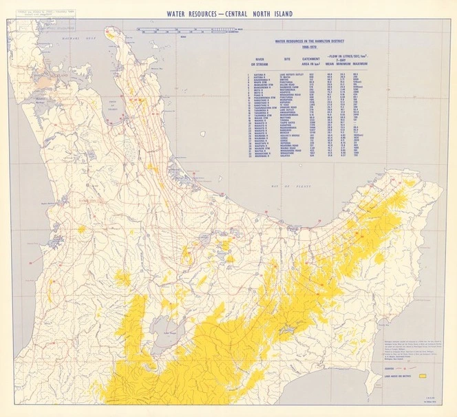 Water Resources - Central North Island / Hydrological information compiled and interpreted by L.P. Wells from flow data collected by Hydrological Surveys, Water and Soil Division, Ministry of Works and Development, Hamilton and rainfall and evaporation data collected by Meteoroligical Services, Civil Aviation Division, Ministry of Transport, Wellington. Produced by Cartographic Branch, Department of Lands and Survey, Wellington.