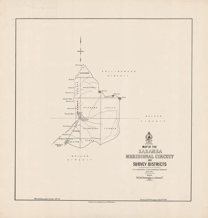 Map of the Karamea meridional circuit and survey districts / drawn by F.W. Flanagan, July 3rd, 1879.