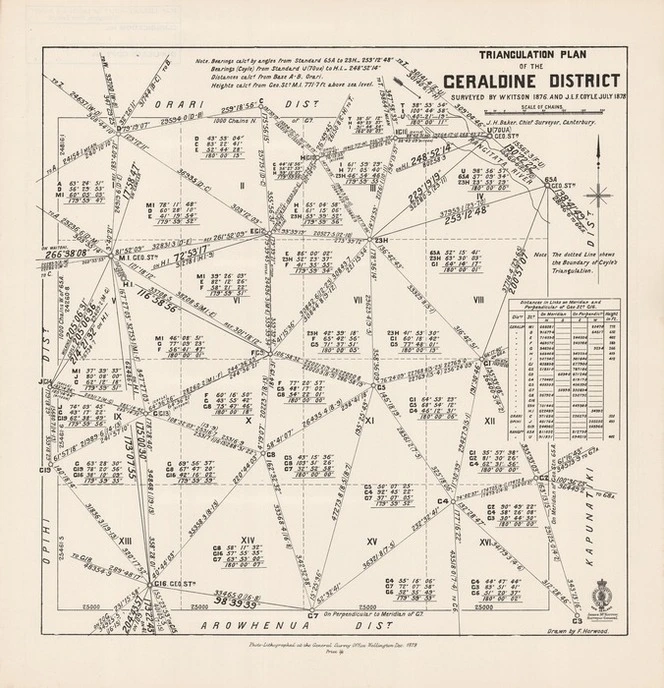 Triangulation plan of the Geraldine District / surveyed by W. Kitson 1876 and J.E.F. Coyle July 1878 ; drawn by F. Horwood.