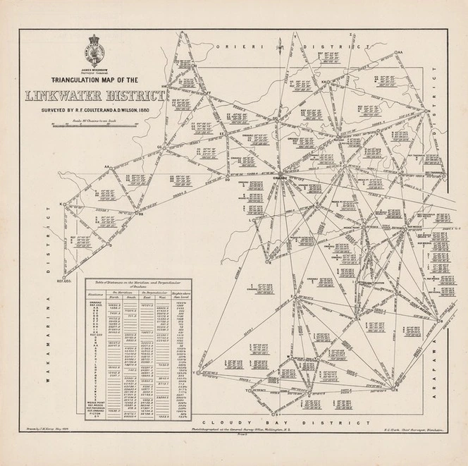 Triangulation map of the Linkwater District / surveyed by R.F. Coulter, and A.D. Wilson, 1880 ; drawn by J.M. Kemp, May 1884.