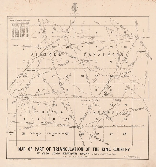 Map of part of triangulation of the King Country, Mt Eden South meridional circuit / L. Cussen Dist Surveyor 1887.