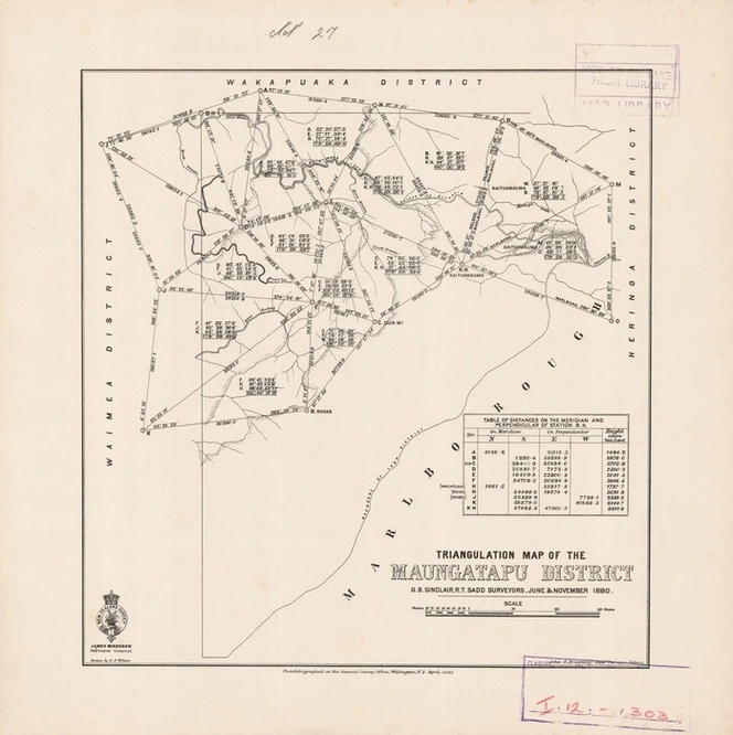 Triangulation map of the Maungatapu District / G.B. Sinclair, R.T. Sadd surveyors, June & November 1880 ; drawn by G.P. Wilson.