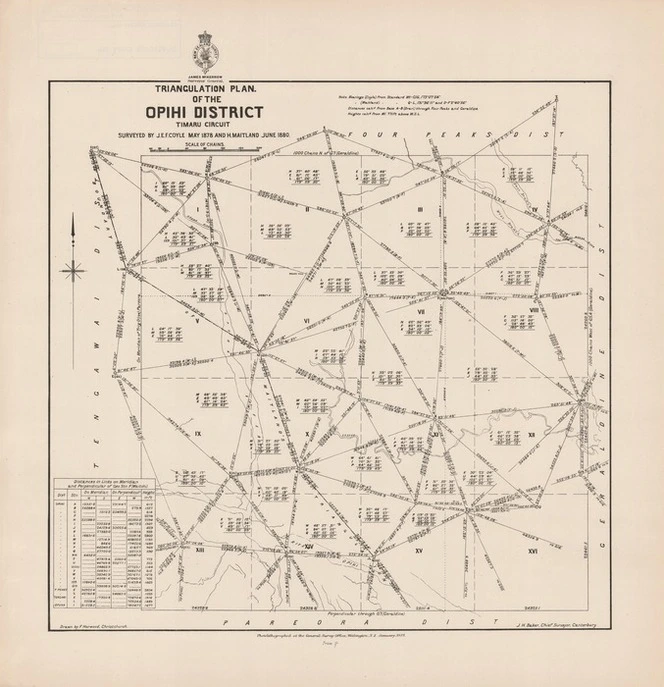 Triangulation plan of the Opihi District : Opihi District / surveyed by J.E.F. Coyle May 1878 and H. Maitland June 1880 ; drawn by F. Horwood, Christchurch.