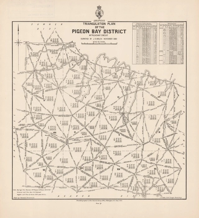 Triangulation plan of the Pigeon Bay District : Mt Pleasant Circuit / surveyed by J.S. Welsh November 1880 ; drawn by F. Horwood, Christchurch.