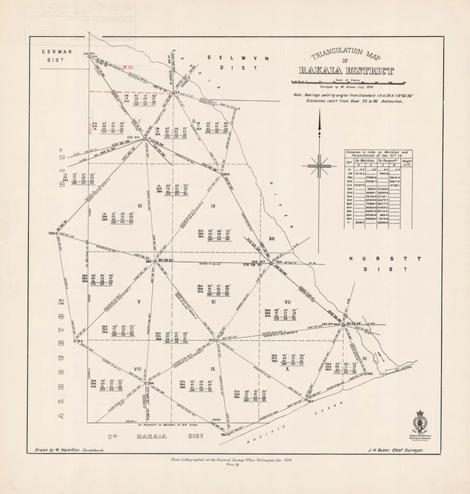 Triangulation map of Rakaia District / surveyed by W. Kitson July 1874 ; drawn by W. Hamilton, Christchurch.
