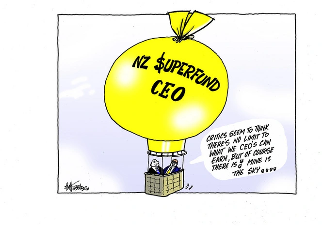 Two CEOs float off in a hot air balloon inflated by the payrise awarded to NZ Superannuation Fund CEO Adrian Orr