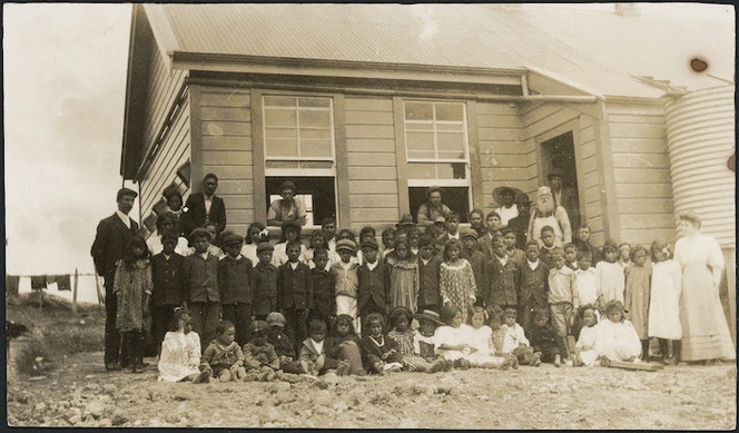 Students and teachers by Tuhara Native School, Iwitea, Wairoa, northern Hawke's Bay